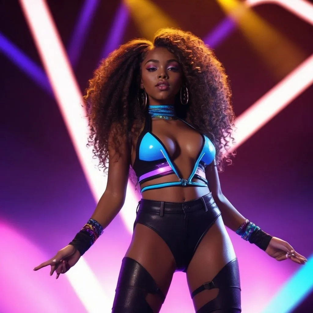 Prompt: CGI, masterpiece, black girl preforming on stage as a pop star, long curly hair, cleavage, vivid and colorful, glowing lights and decoration, intense and dramatic lighting, ultra-detailed, futuristic, pop star stage, energetic gaze, vivid colors, otherworldly,  atmospheric lighting.