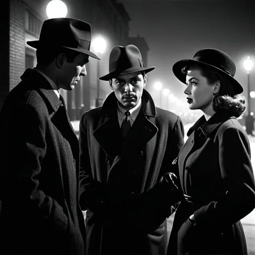 Prompt: dim, night film noir photography, two Detective figures face off, interrogating, one male one female, 1950s, city background, black coat and hat, shadows