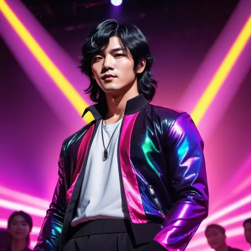 Prompt: CGI, masterpiece, Asian man preforming on stage as a pop star, medium length wavy black hair, well-built, vivid and colorful, glowing lights and decoration, intense and dramatic lighting, ultra-detailed, bumble gum pop star stage, flirtatious gaze, vivid colors, pop concert,  atmospheric lighting.