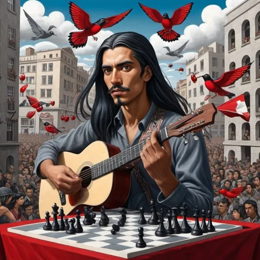 Prompt: M.C. Escher style image looking out of window, image of a beautiful black haired Peruvian man with grey strands of hair playing guitar in city , airship , cherries , birds , some ants , a chess Board,  proud face expression, dark red lips , black lace dress, a huge protesting crowd,  blue-grey-red flags , front view, long straight hair, intense gaze, high quality, atmospheric lighting, beach setting, detailed hair, dramatic clouds, professional, captivating