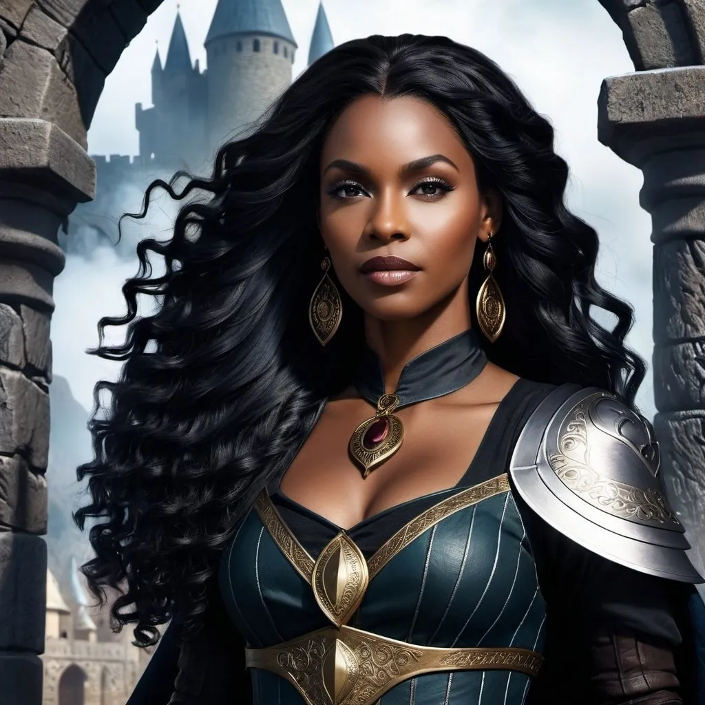 Prompt: A fantasy movie poster, medieval background, black woman with long wavy black hair, Baldur's Gate 3 style