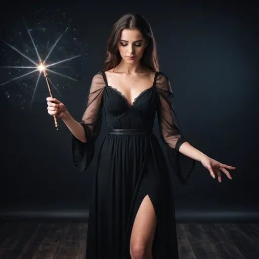 Prompt: Woman in a black dress casting a spell with her magic wand