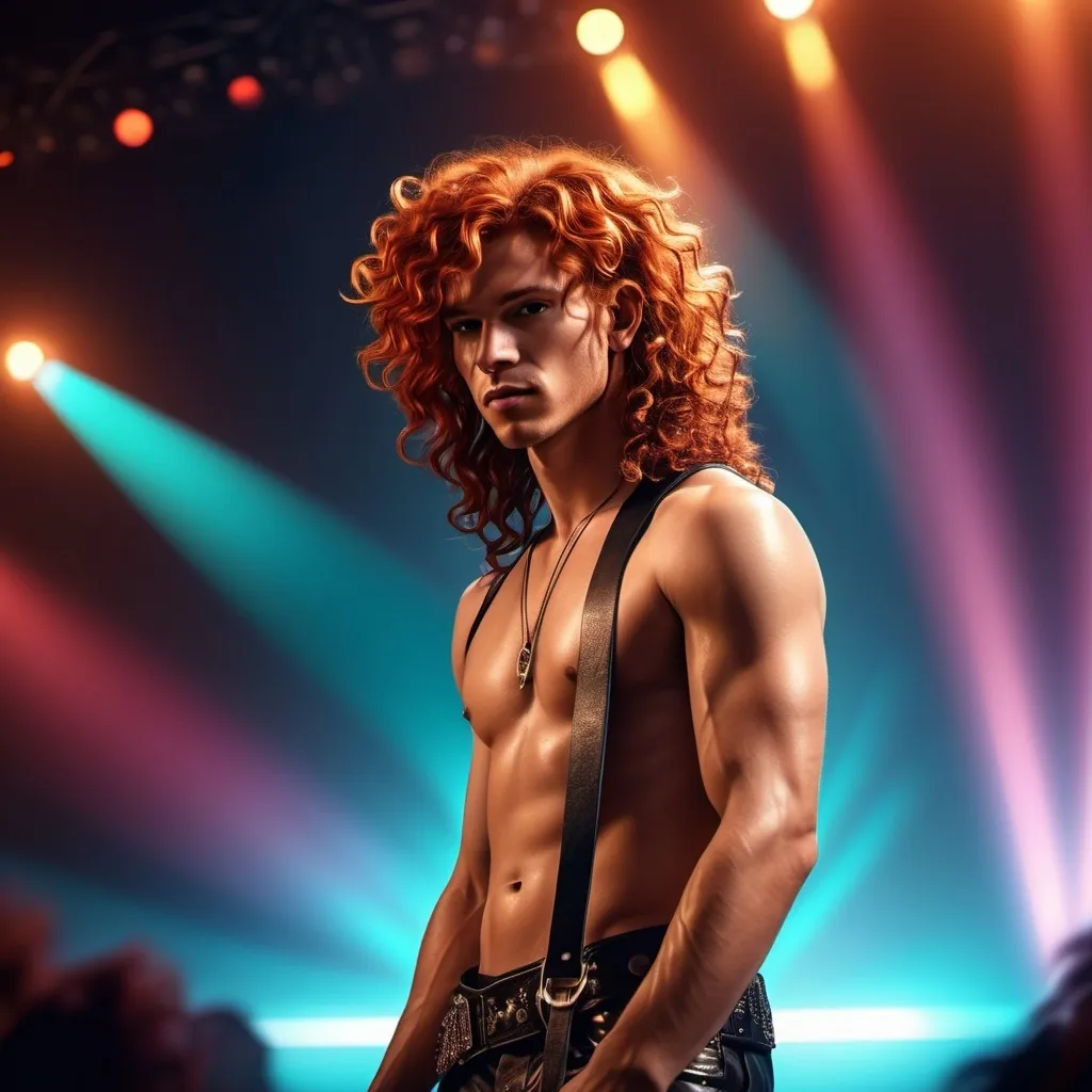 Prompt: CGI, masterpiece, man preforming on stage as a rock star, curly red wavy hair, tan skin, broad shoulders, vivid and colorful, piercings, glowing lights and decoration, intense and dramatic lighting, ultra-detailed, futuristic, pop star stage, moody, atmospheric lighting.