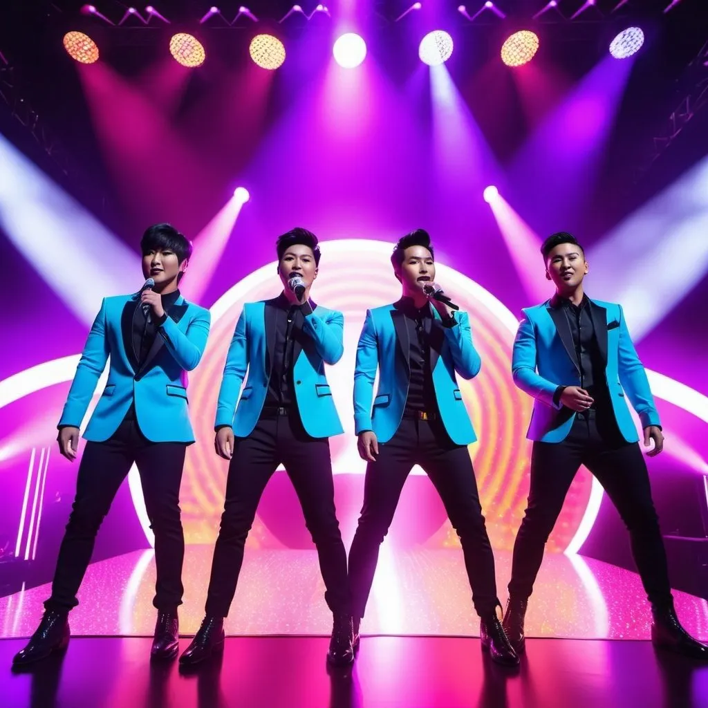 Prompt: CGI, masterpiece, three Asian men, Asian male band, performing on stage as pop band, well-built, vivid and colorful, glowing lights and decoration, intense and dramatic lighting, ultra-detailed, bumble gum pop star stage, flirtatious gaze, vivid colors, pop concert,  atmospheric lighting.