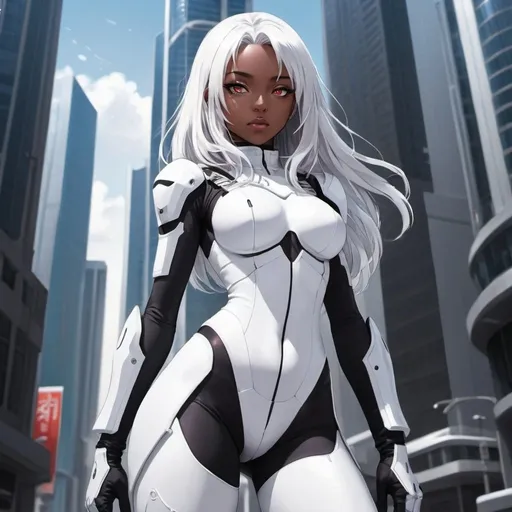 Prompt: anime, black girl, detailed, very detailed, a woman in a white armor futuristic suit with a sword on a city street with skyscrapers in the background, official art, anime, girl, detailed, very detailed, crystal ruby eyes, very long silver hair, 8k, he, detailed eyes, glove holding, Anime illustration of a tall woman, hands behind back, black thigh-highs and black gloves, bright pupils, space, starfalls , high quality, thin body, anime art, detailed eyes, professional, atmospheric lighting, normal hands, five fingers, aura, adult woman, cold face, sharp eyes, 1girl, glowing eyes