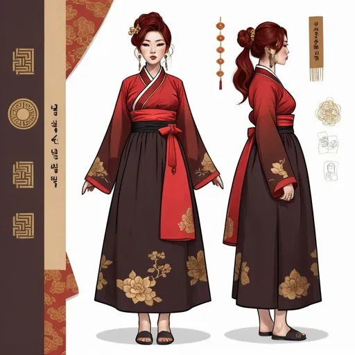 Prompt: Character design sheet classy Korean curvy woman, medium length dark brown and red hair, a red Hanbok dress with gold accents, tattoos