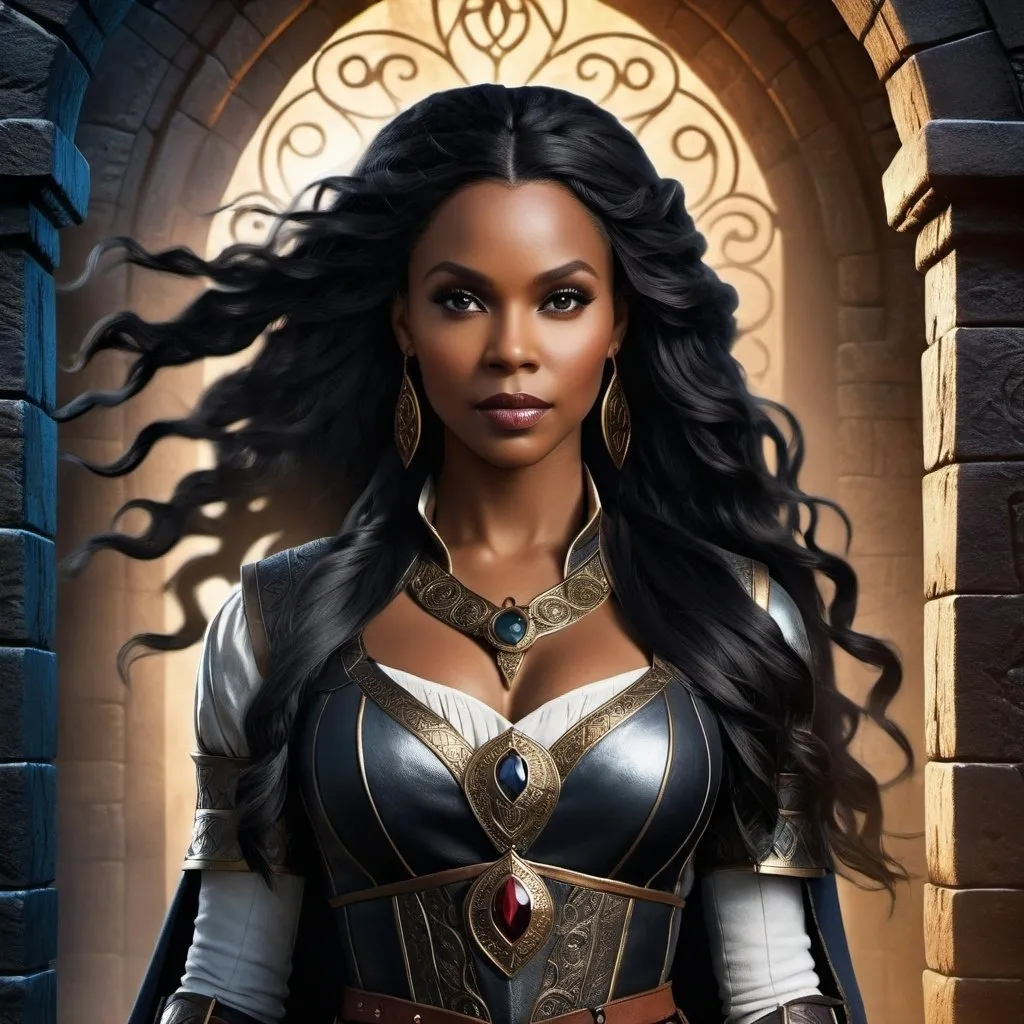 Prompt: A fantasy movie poster, medieval background, black woman with long wavy black hair, Baldur's Gate 3 style