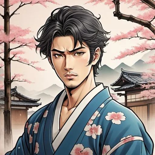 Prompt: Japanese romance manga book cover, Japanese Edo background, handsome Japanese man, Japanese manga art style.