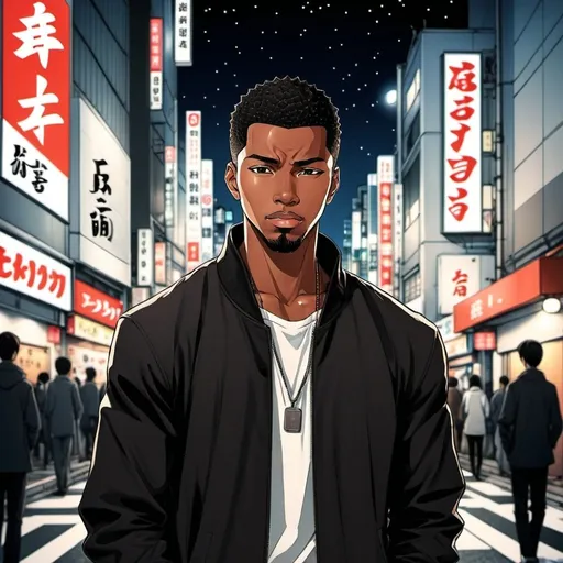 Prompt: Japanese manga, Shibuya night city background, a handsome black man, Japanese manga art style.