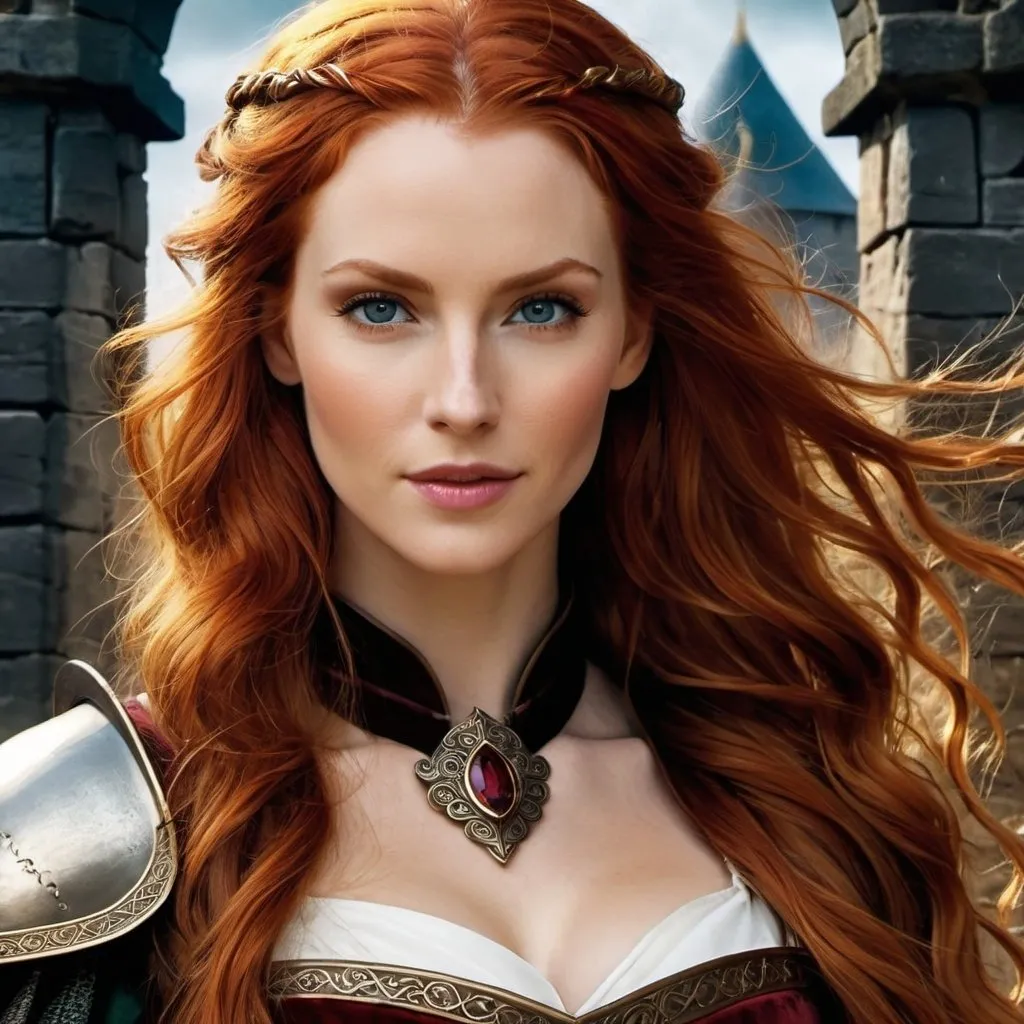 Prompt: A fantasy movie poster, medieval background, woman with long wavy red hair, hazel eyes, Baldur's Gate 3 style