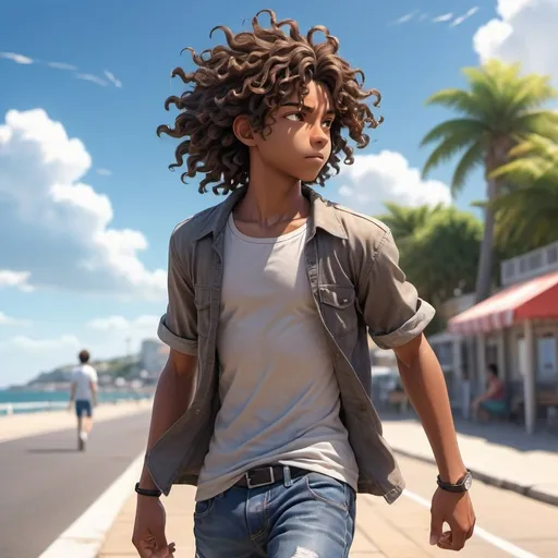 Prompt: High quality CGI anime illustration of a young black teen with long curly brunette hair blowing in the wind, intense light brown eyes and athletic build, wearing a short summer outfit, walking on a lonely seafront with his hands in his pockets, detailed hair and clothing, vibrant color tones, summer breeze, anime, realistic, detailed eyes, professional, atmospheric lighting, full body shot.