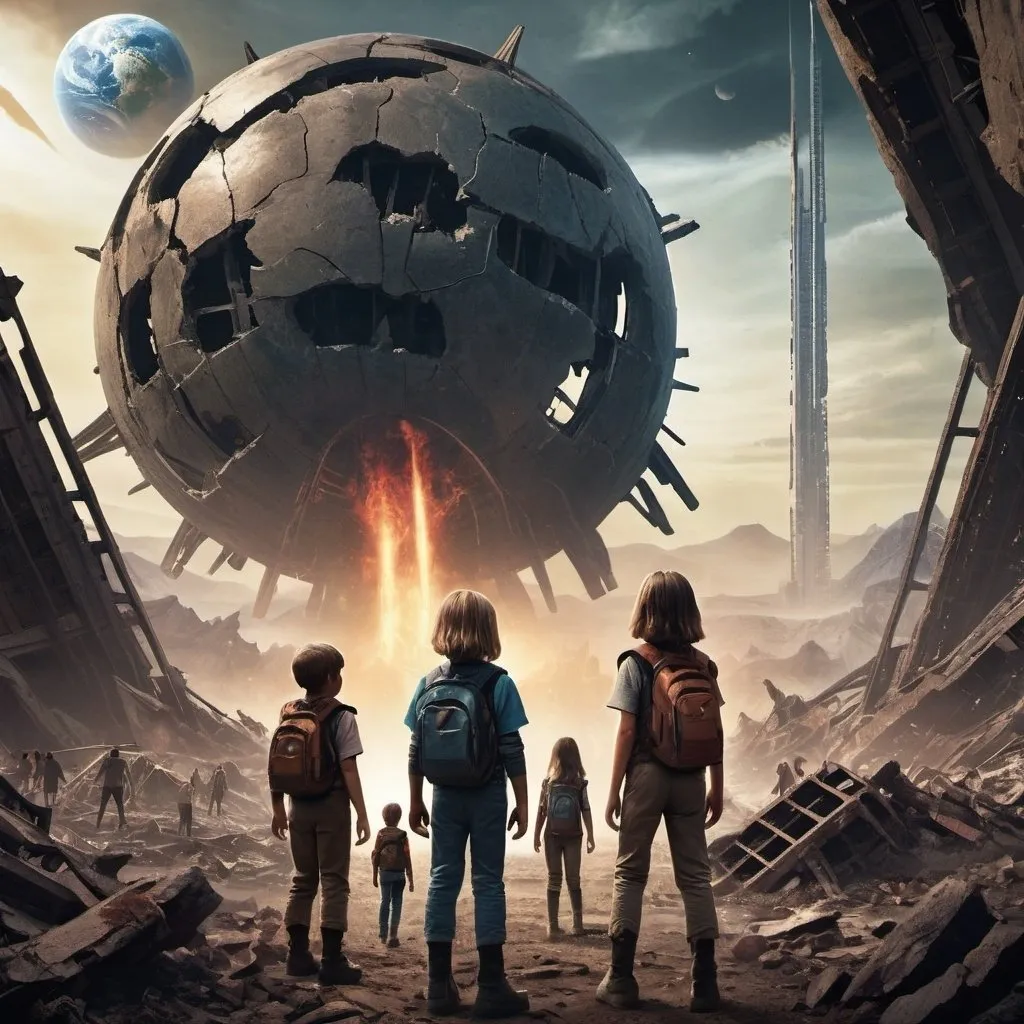 Prompt: A science fiction movie poster, abandoned and destroyed earth background, group of young kids and teenagers explore to discover their world is destroyed and they are the last humans, Baldur's Gate 3 style