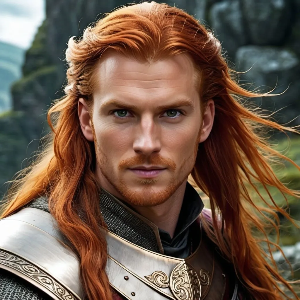 Prompt: A fantasy movie poster, medieval background, man with long wavy red hair, hazel eyes, Baldur's Gate 3 style