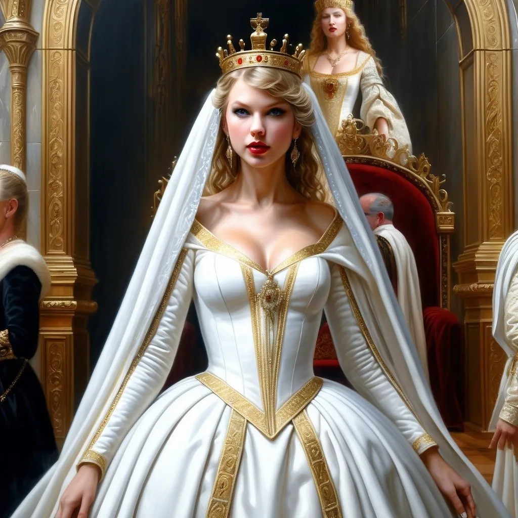 Prompt: Hyper-realistic painting by Serge Marshennikov, Luis Royo, Karol Bak:: Taylor Swift, wearing a Elizabethan queenly white dress with gold trim, and a gold queen, she is walking through the Elizabethan throne room as everyone looks on in envy:: 8k resolution, incredible details, a masterpiece, photorealistic