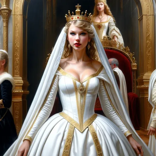 Prompt: Hyper-realistic painting by Serge Marshennikov, Luis Royo, Karol Bak:: Taylor Swift, wearing a Elizabethan queenly white dress with gold trim, and a gold queen, she is walking through the Elizabethan throne room as everyone looks on in envy:: 8k resolution, incredible details, a masterpiece, photorealistic