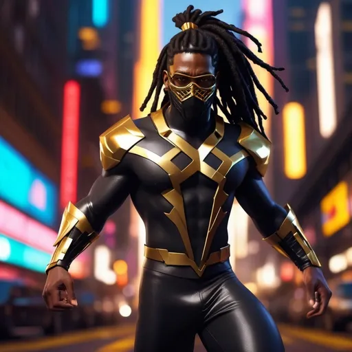 Prompt: CGI, masterpiece, Black man black dreads ponytail with gold accents, superhero, flying through the city, black and gold superhero outfit with mask, vivid and colorful, glowing lights and decoration, intense and dramatic lighting, ultra-detailed, focused gaze, vivid colors, atmospheric lighting.

Character design sheet 