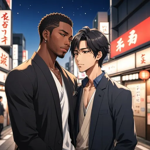 Prompt: Japanese style anime. A handsome black man, wearing Shibuya style outfit. He is with a Japanese man, also wearing a Shibuya style outfit. They are embracing each other romantically. 