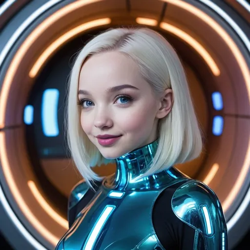 Prompt: Dove Cameron in her mid 30s. Brunette. smile. cute. pretty. Mars terraforming. Carmine Saffron Tyrian Azure Chartreuse Seafoam Drab On a huge spaceship The costume is made of thin tapes, follows the shape of the body Chairs, Consoles, Panels, Screens, Windows, Controls, Buttons, Displays, Lights, Cabins. Transparent 
Her body is covered in shimmering shades of chrome and blue, creating a digital, futuristic aesthetic.
Her face is adorned with a glowing smile of lines and LEDs, giving the impression of friendliness and technological joy.