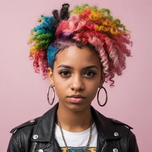 Prompt: A photo of a punk-inspired, edgy-looking young Black woman with curly colorful hair