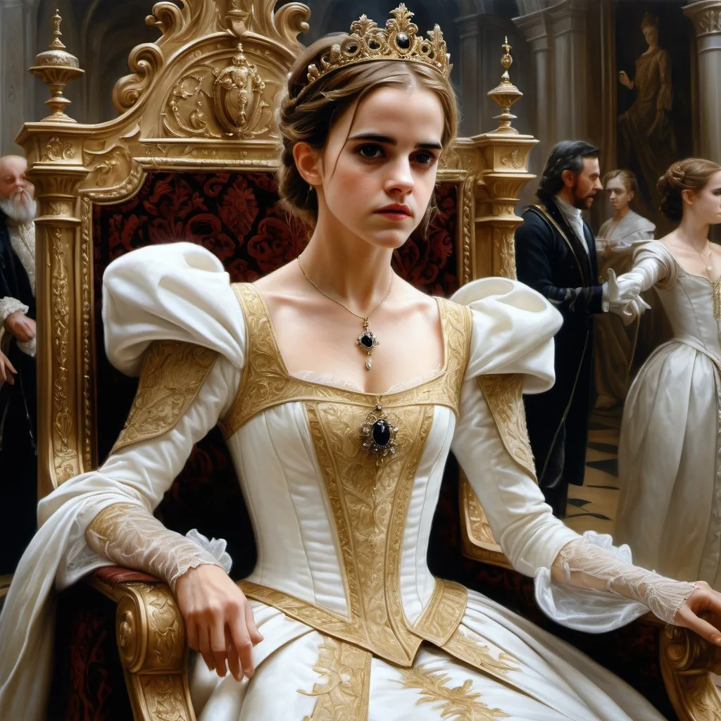 Prompt: Hyper-realistic painting by Serge Marshennikov, Luis Royo, Karol Bak:: mature Emma Watson, wearing a Elizabethan queenly white dress with gold trim, and a gold queen, she is walking through the Elizabethan throne room as everyone looks on in envy:: 8k resolution, incredible details, a masterpiece, photorealistic