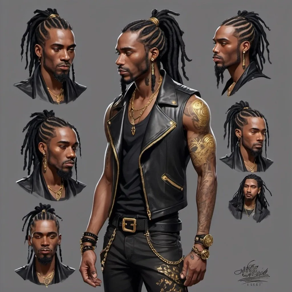 Prompt: Character design sheet Black man black dreads ponytail with gold accents, black leather vest with gold accents, tattoos