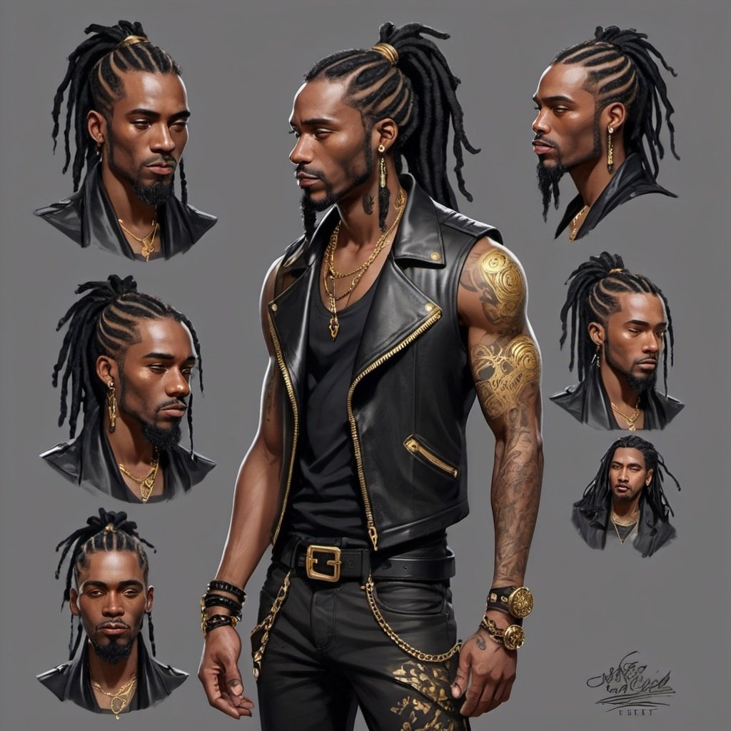 Character design sheet Black man black dreads ponyta...