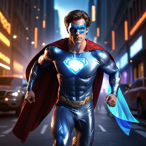 Prompt: CGI, masterpiece, man medium length brown hair, superhero, running through the city, blue and silver superhero outfit with mask and cape, vivid and colorful, glowing lights and decoration, intense and dramatic lighting, ultra-detailed, focused gaze, vivid colors, atmospheric lighting.