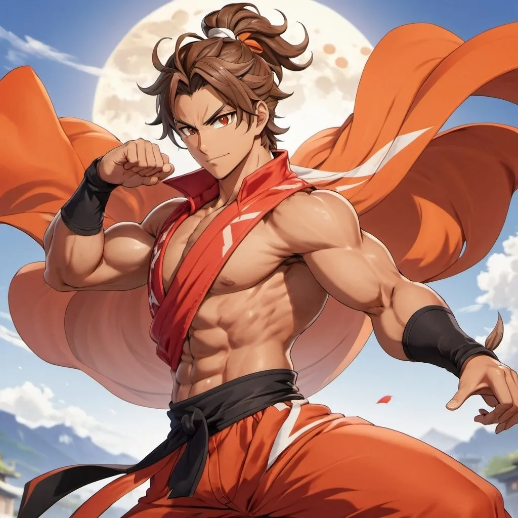 Prompt: Full body portrait. Genshin Impact, Mondstadt background. Genshin Impact athletic Hispanic male character with hazel eyes and long wavy brown hair, which is pulled back into a ponytail. He is wearing a flowy orange and red flowy outfit and is playfully training his body, getting ready to fight. 