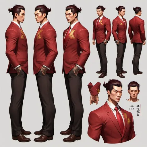 Prompt: Character design sheet classy Chinese man, medium length dark brown and red hair, a red Zhongshan Suit with gold accents, tattoos, muscular