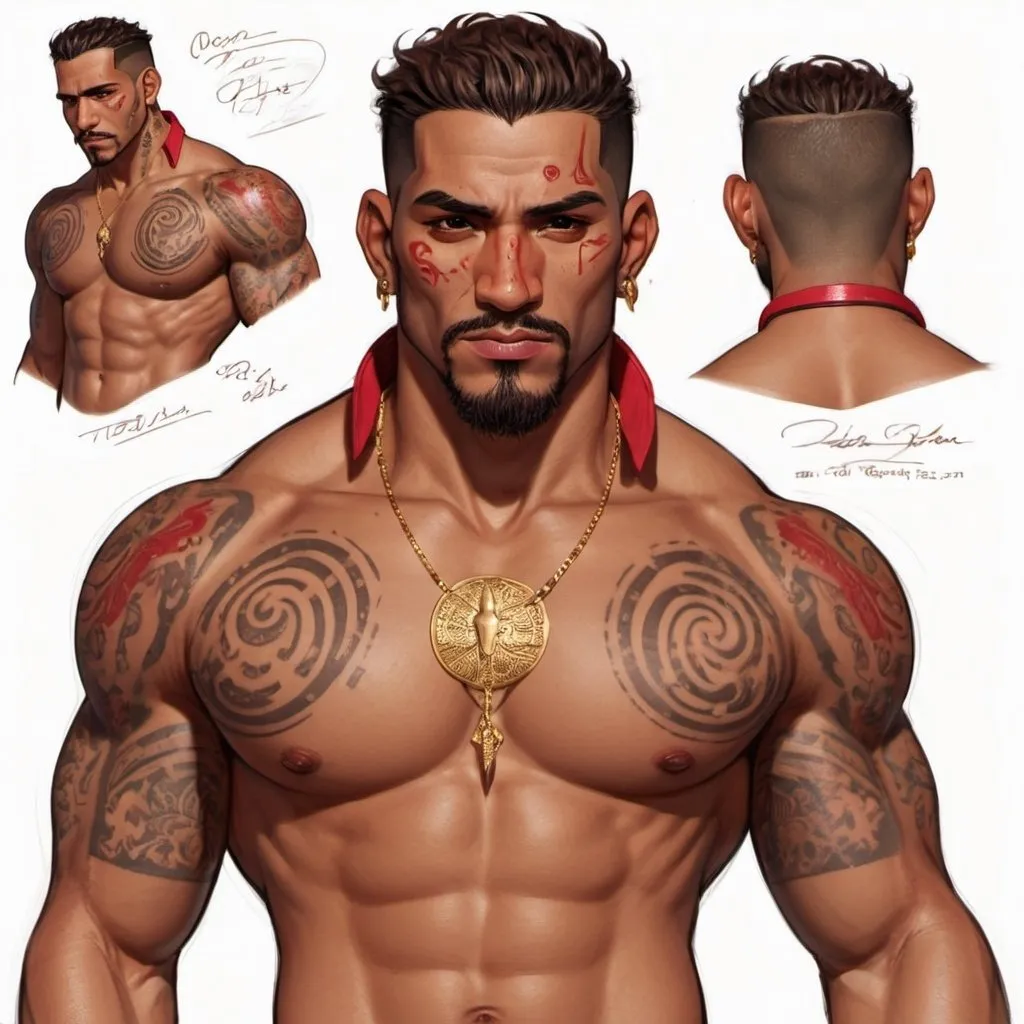 Prompt: Character design sheet Puerto Rican man, medium length brown and red tips, open shirt with gold accents, tattoos, muscular