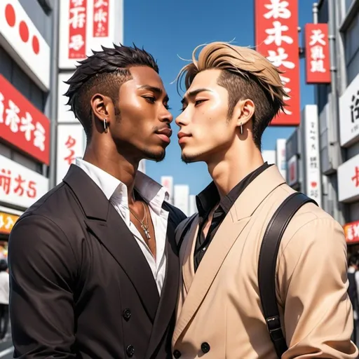 Prompt: Japanese style anime, gay romance. A handsome black man, wearing Shibuya style outfit. He is with a Japanese man, also wearing a Shibuya style outfit. They are embracing each other romantically. 