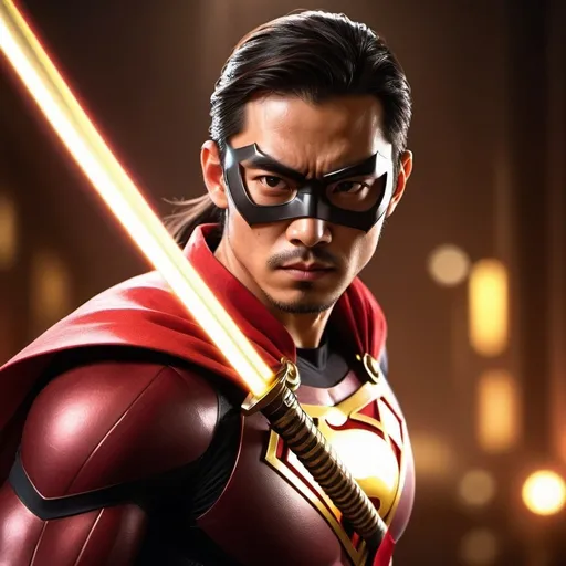 Prompt: CGI, masterpiece, Asian man long dark brown hair tied into low ponytail, brown eyes, superhero, super-strength, fighting crime, focused gaze, red and gold superhero outfit with mask and cape, and katana on his hip, vivid and colorful, glowing lights and decoration, intense and dramatic lighting, ultra-detailed, focused gaze, vivid colors, atmospheric lighting, full scene