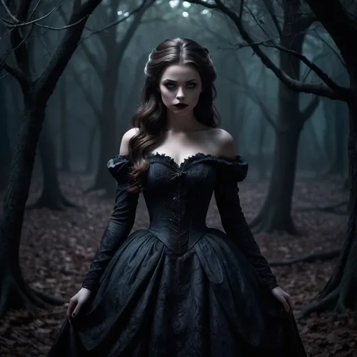 Prompt: Belle transformed by darkness, (corrupted beauty), contrasting with her original purity, eerie shadows enveloping her, sinister glow in her eyes, intricate dark attire reflecting her choices, gloomy enchanted forest background, foreboding atmosphere, deep cool tones with hints of vibrant evil, (HD), capturing the essence of a tragic fall from grace.