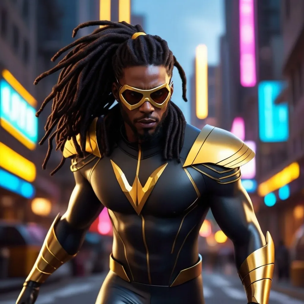 Prompt: CGI, masterpiece, Black man black dreads ponytail with gold accents, superhero, flying through the city, black and gold superhero outfit with mask, vivid and colorful, glowing lights and decoration, intense and dramatic lighting, ultra-detailed, focused gaze, vivid colors, atmospheric lighting.

Character design sheet 