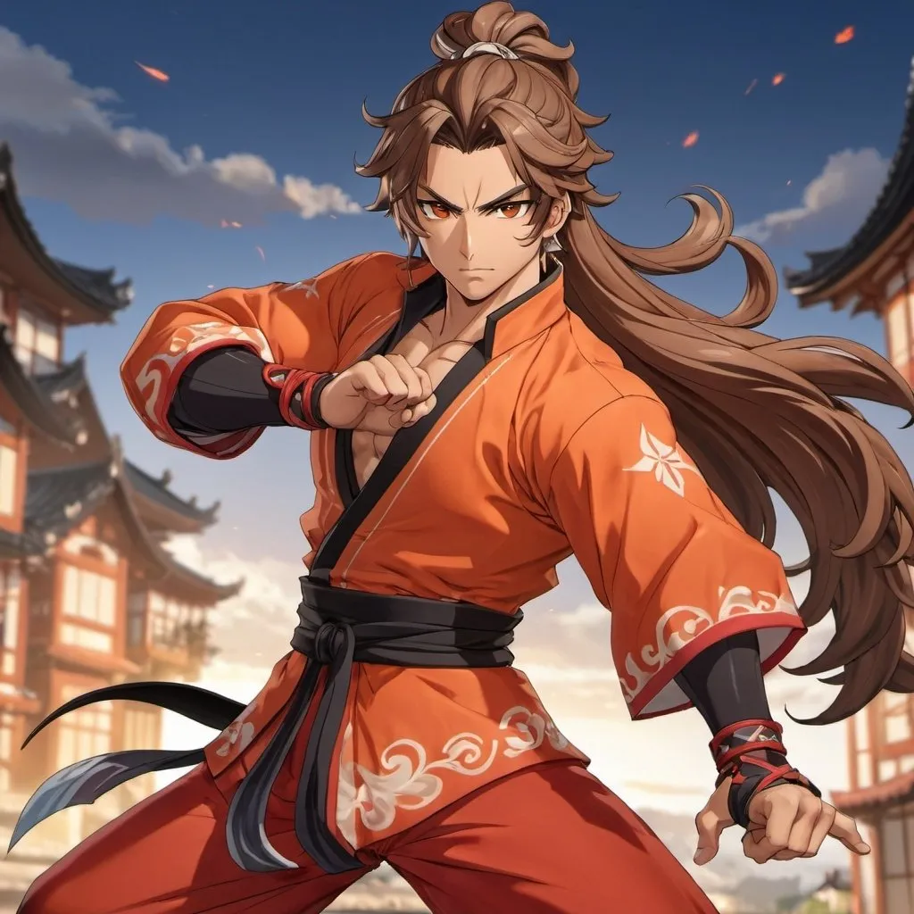 Prompt: Full body portrait. Genshin Impact, Mondstadt background. Genshin Impact athletic Hispanic male character with hazel eyes and long wavy brown hair, which is pulled back into a ponytail. He is wearing a flowy orange and red flowy outfit and is ready to fight.