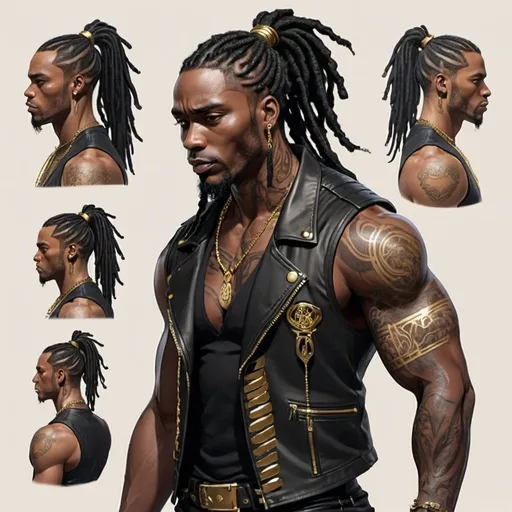 Prompt: Character design sheet Black man black dreads ponytail with gold accents, black leather vest with gold accents, muscular, tattoos