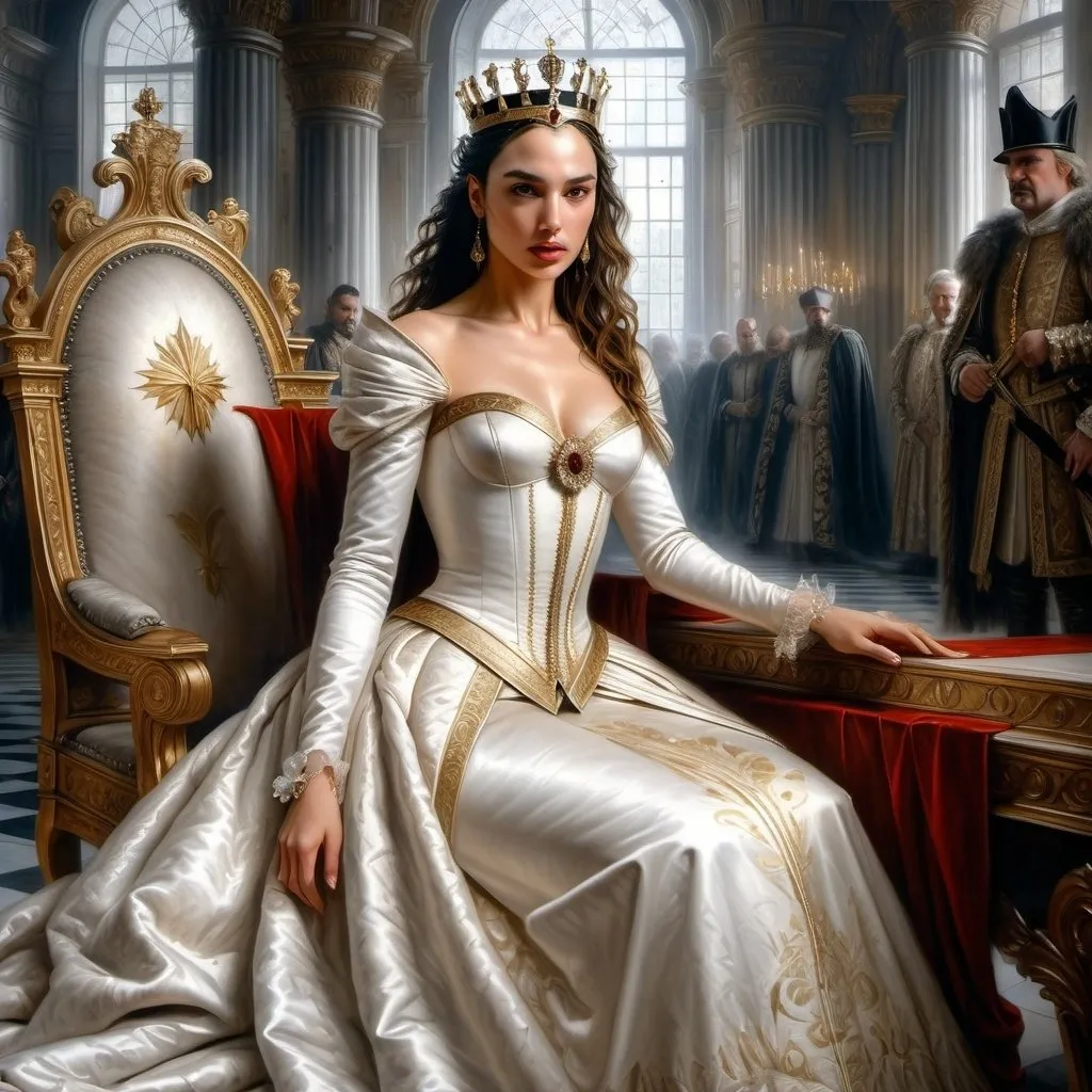 Prompt: Hyper-realistic painting by Serge Marshennikov, Luis Royo, Karol Bak:: elegant and distinguished Gal Gadot, wearing a Elizabethan queenly white dress with gold trim, and a gold queen, she is walking through the Elizabethan throne room as everyone looks on in envy:: 8k resolution, incredible details, a masterpiece, photorealistic