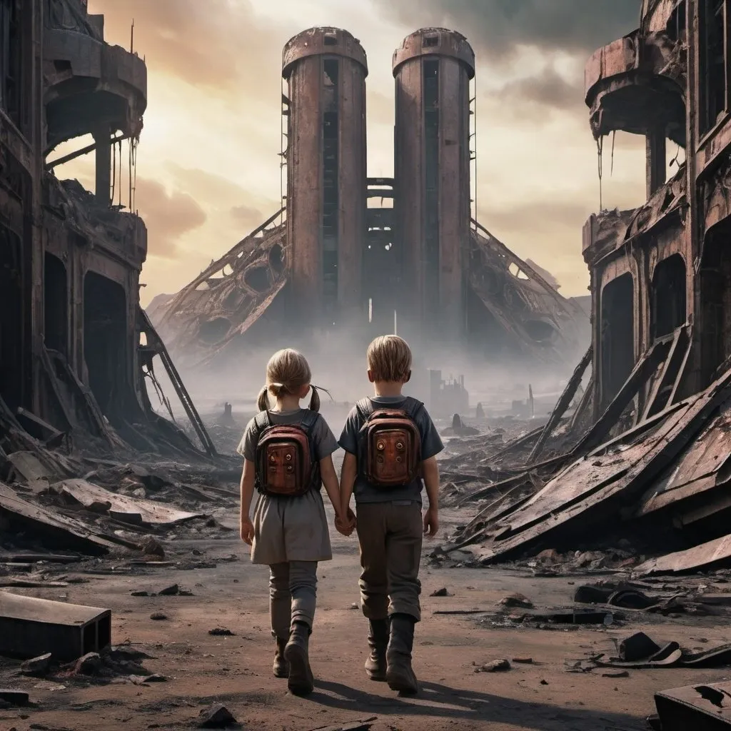 Prompt: A science fiction movie poster, abandoned apocalyptic background, brother and sister twins walk around openly heartbroken and upset to discover their world is destroyed, Baldur's Gate 3 style