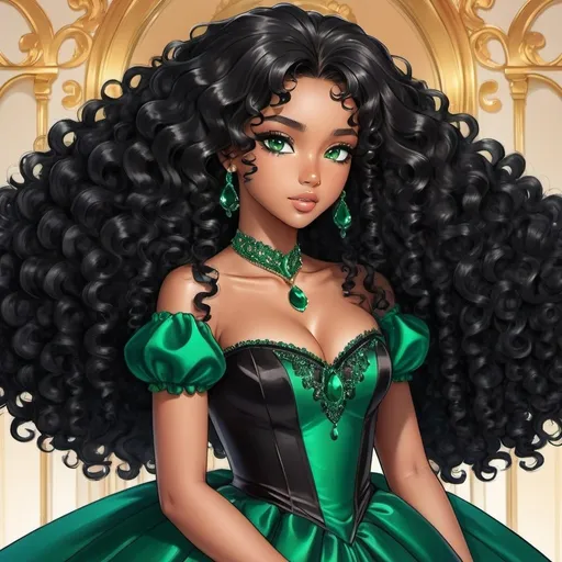 Prompt: a beautiful caramel skinned girl with long black afro black curly hair and emerald green eyes wearing an black anime ball gown