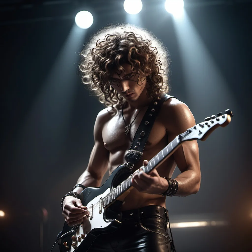 Prompt: CGI, masterpiece, man preforming on stage as a rock star, curly brown wavy hair, tan skin, broad shoulders, dark and grimy, piercings, glowing lights and decoration, intense and dramatic lighting, ultra-detailed, futuristic, rock star stage, moody, atmospheric lighting.