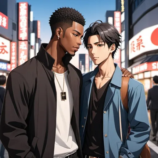 Prompt: Japanese style anime. A handsome black man, wearing Shibuya style outfit. He is with a Japanese man, also wearing a Shibuya style outfit. They are embracing each other romantically. 