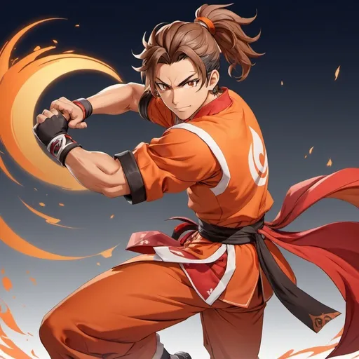 Prompt: Full body portrait. Genshin Impact, Mondstadt background. Genshin Impact athletic Hispanic male character with hazel eyes and long wavy brown hair, which is pulled back into a ponytail. He is wearing a flowy orange and red flowy outfit and is playfully training his body, getting ready to fight. 