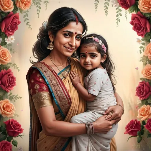 Prompt: a heartwarming, realistic portrait of a mother wearing a beautifully embroidered saree, warmly embracing her daughter who is wrapping her arms around her in a loving hug. The grandmother's expression is one of pure affection and pride as she holds her granddaughter close. They are surrounded by a delicate garland of fresh flowers, roses, and gentle ribbons cascading down the sides. Hyperrealistic, splash art, concept art, mid shot, intricately detailed, color depth, dramatic, 2/3 face angle, side light, colorful background