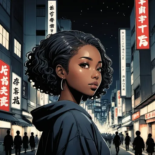 Prompt: Japanese manga, night city background, a beautiful black woman, Japanese manga art style.