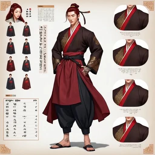 Prompt: Character design sheet classy Korean well-built man, medium length dark brown and red hair, a red Hanbok with gold accents, tattoos