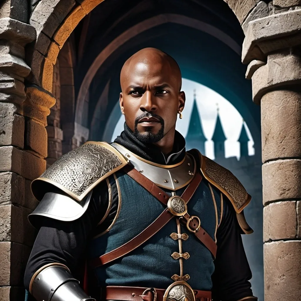 Prompt: A fantasy movie poster, medieval background, black man, Baldur's Gate 3 style