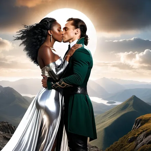 Prompt: Loki kissing a beautiful black woman wearing a silver dress on a mountaintop romance novel style 