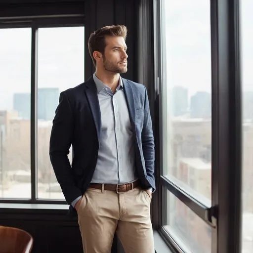 Prompt: Create an image of a handsome man standing up looking out the window wearing business casual