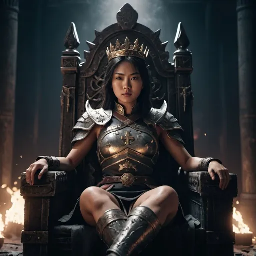 Prompt: a beautiful Asian conqueror woman is sitting, cross-legged on a throne crowning darkness, real, perfect composition, cinematic, video game trailer, dark, dramatic, 8k, octane render,  looking into camera, after battle, sword in hand