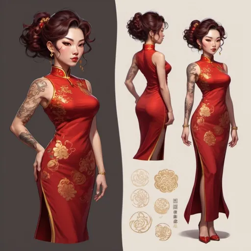 Prompt: Character design sheet classy Chinese curly woman, medium length dark brown and red hair, a red Cheongsam dress with gold accents, tattoos, muscular